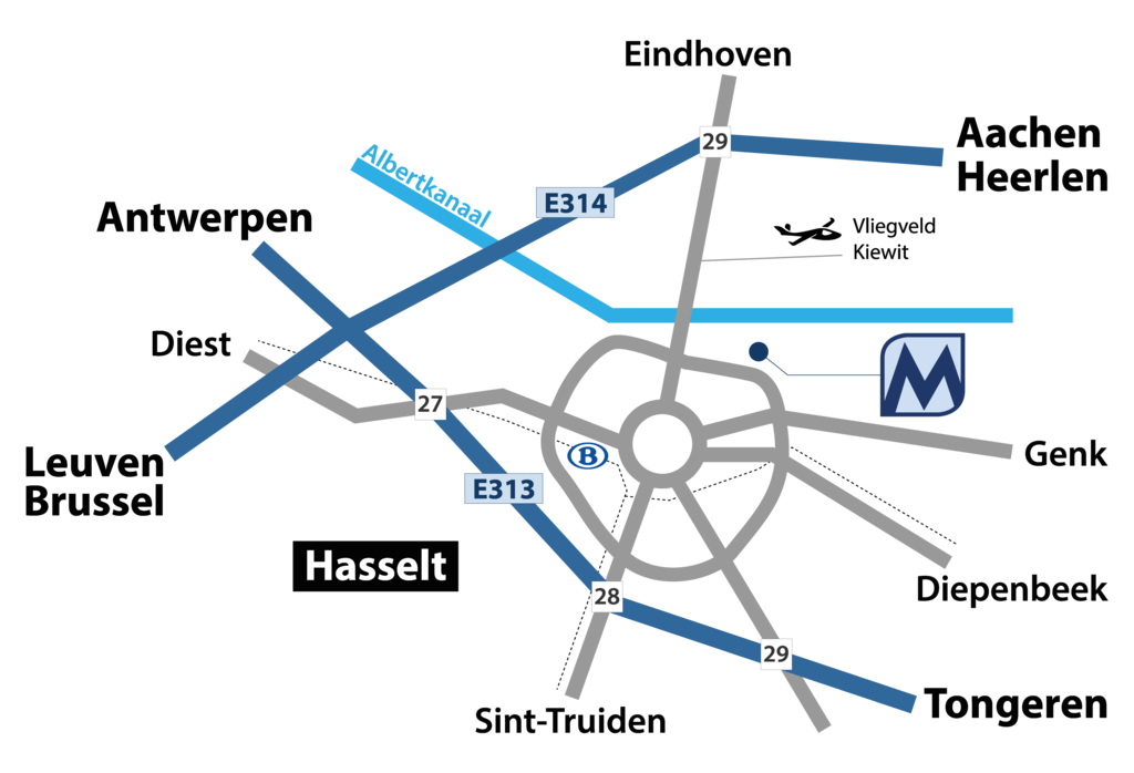 Kaartje van Hasselt met Logo van Mastronardi Software in het noorden net buiten de ring, inclusief vermelding NMBS station en Vliegveld van kiewit